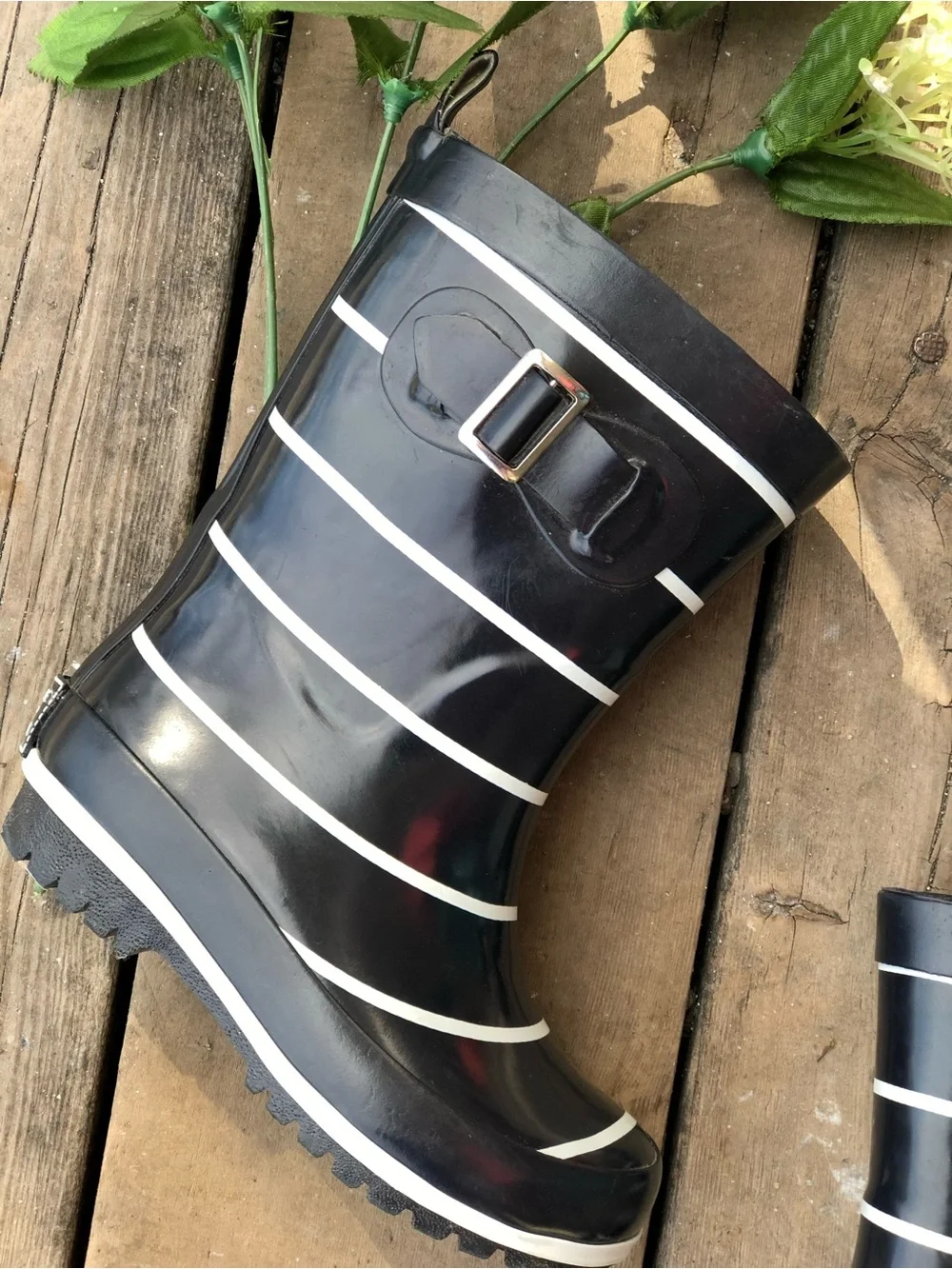 Janie and Jack Black & White Striped Rain Boots Size 9 Kids